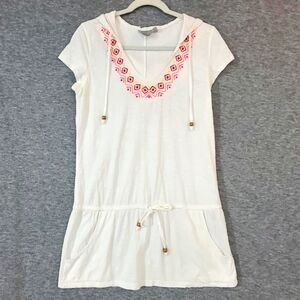 Athleta Size Med La Tara Embroidered Tunic Top White Orange Pockets